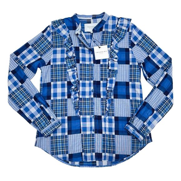 Rochelle Behrens The Shirt‎ Size Small Blue Plaid Button Front Patchwork Ruffle - Picture 1 of 12